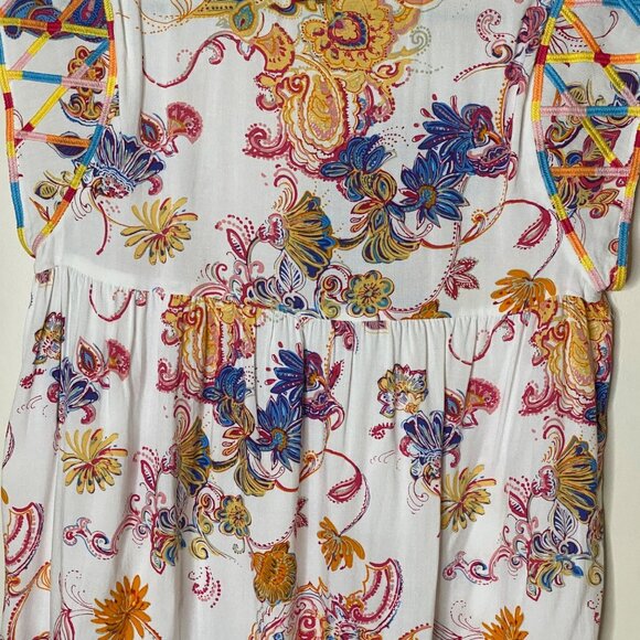 Boho Paisley Rayon Blouse S White Multicolor Cap Sleeve Embroidered Trim Top - Picture 6 of 6